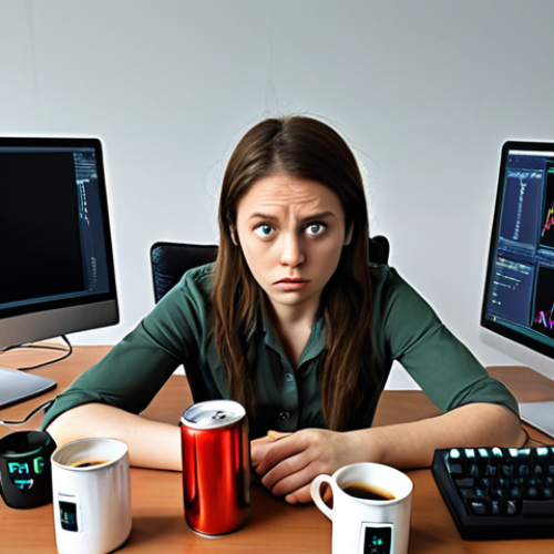 Home 15 **
"A female AI developer, looking determined but slightly stressed, surrounded by multiple computer screens displaying complex code. Empty coffee cups and energy drink cans are scattered around her desk. The style should be slightly humorous and relatable, like a 'day in the life' illustration."
**