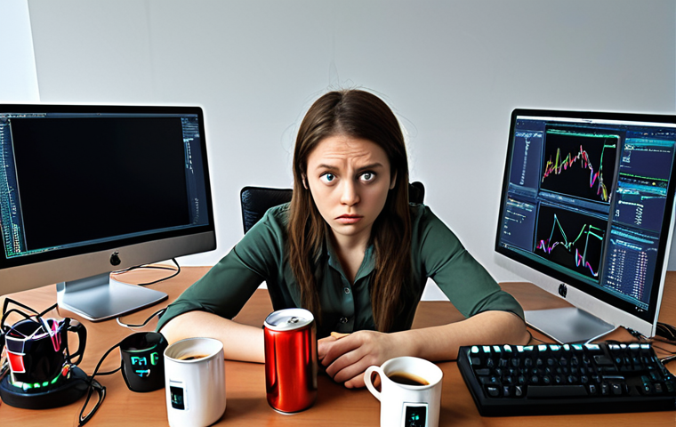 **

"A female AI developer, looking determined but slightly stressed, surrounded by multiple computer screens displaying complex code. Empty coffee cups and energy drink cans are scattered around her desk. The style should be slightly humorous and relatable, like a 'day in the life' illustration."

**