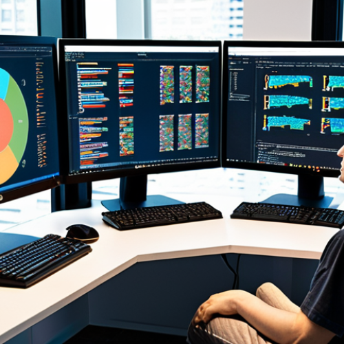 Home 14 **Image:** A developer intensely coding in Python, surrounded by books on Machine Learning and Deep Learning. Multiple monitors display code and data visualizations. Emphasis on a modern, bright workspace.