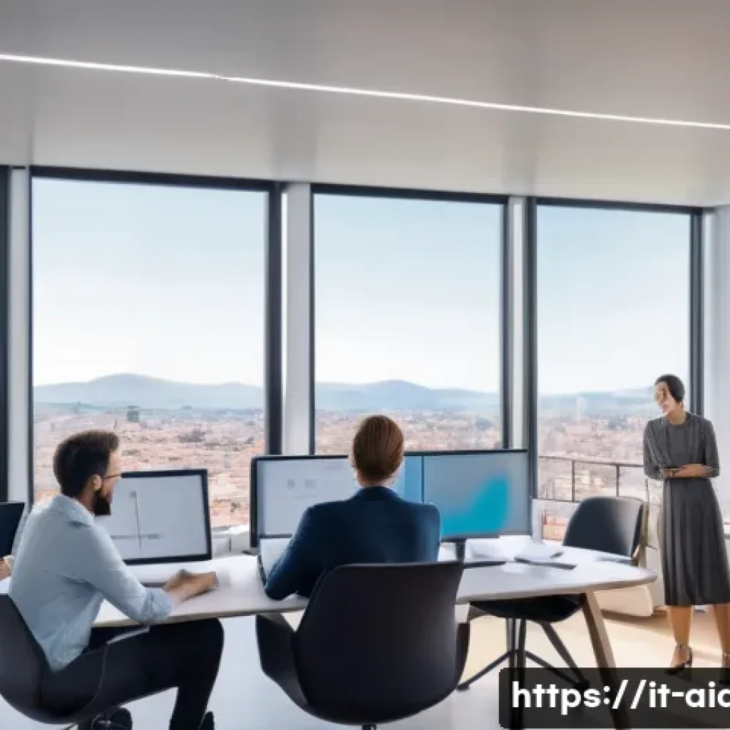 AI 개발자의 역할과 책임 - A modern, bright office environment featuring a diverse team of AI developers collaborating across d...