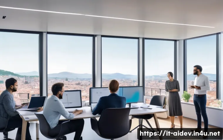 AI 개발자의 역할과 책임 - A modern, bright office environment featuring a diverse team of AI developers collaborating across d...