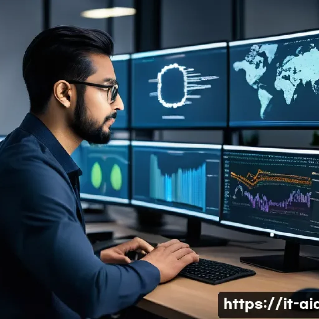 AI 개발자 기술적 강점 - A professional AI developer working in a modern office environment, surrounded by multiple computer ...