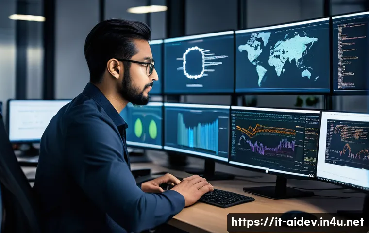 AI 개발자 기술적 강점 - A professional AI developer working in a modern office environment, surrounded by multiple computer ...
