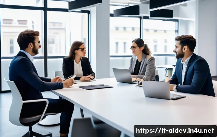 인공지능 연봉협상 전략 - A modern Italian tech office scene showing a diverse group of AI professionals negotiating a salary ...