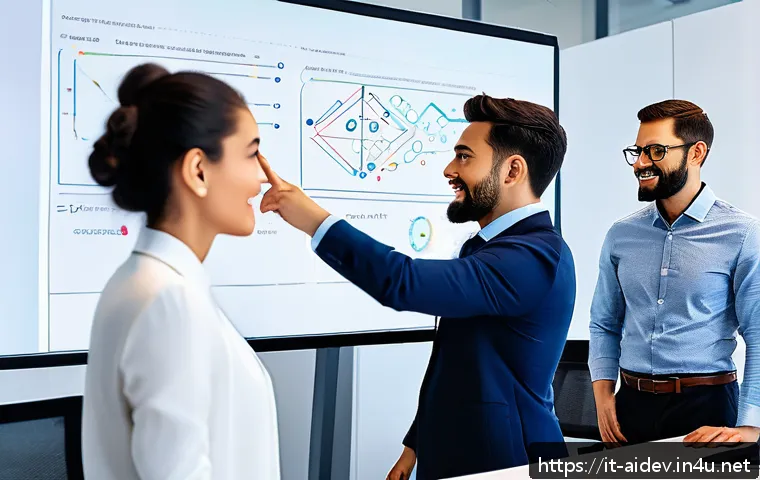 AI 개발 프로젝트 문제 해결 - A diverse team of professionals collaborating in a modern office environment focused on AI developme...