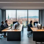 Home 23 AI 개발 실무의 실수 - A modern office environment in Milan, Italy, showcasing a diverse interdisciplinary AI team collabor...