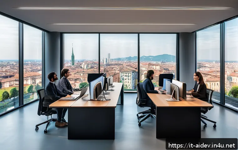 AI 개발 실무의 실수 - A modern office environment in Milan, Italy, showcasing a diverse interdisciplinary AI team collabor...